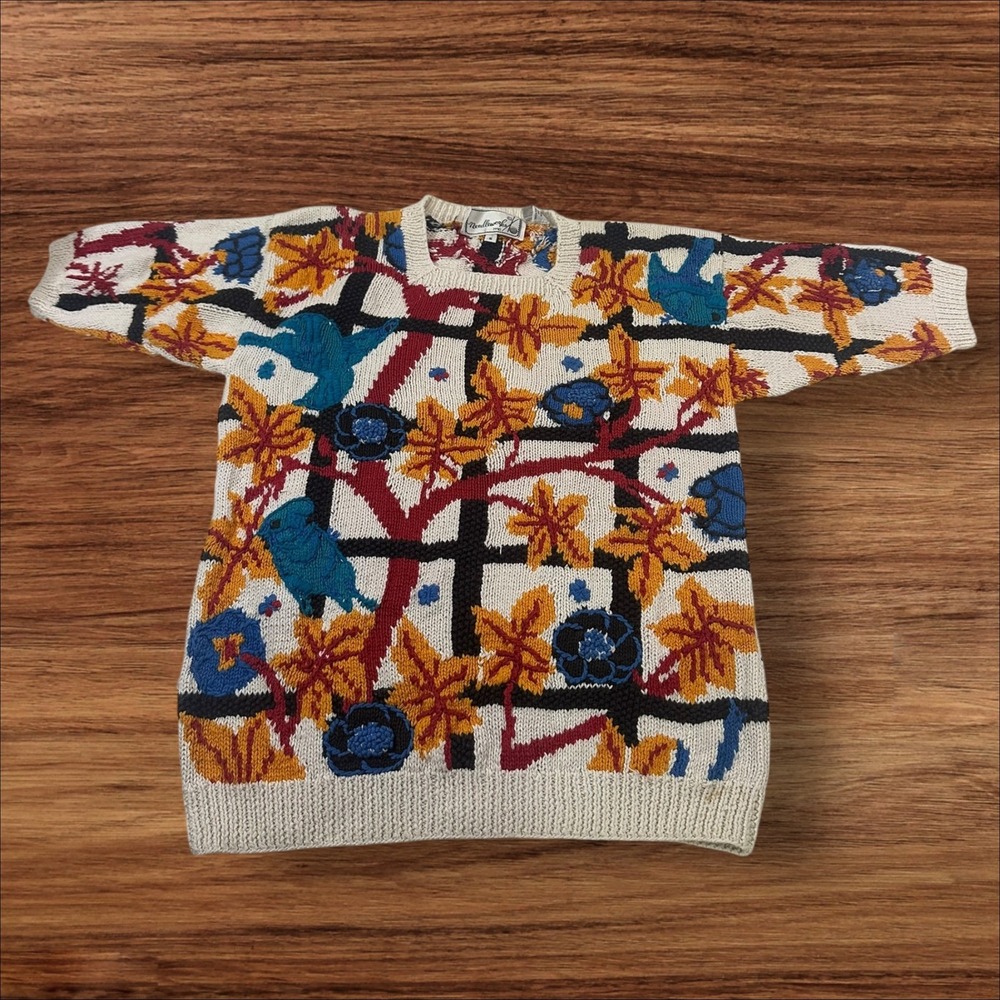 Vintage Needleworks 1990 Hand Knit Ramie‎ Cotton Bird Floral Sweater Sz S